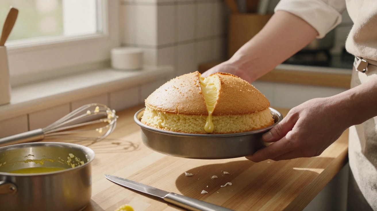 Pessoa a partir um bolo fofo em forma redonda com recheio cremoso amarelo na cozinha.