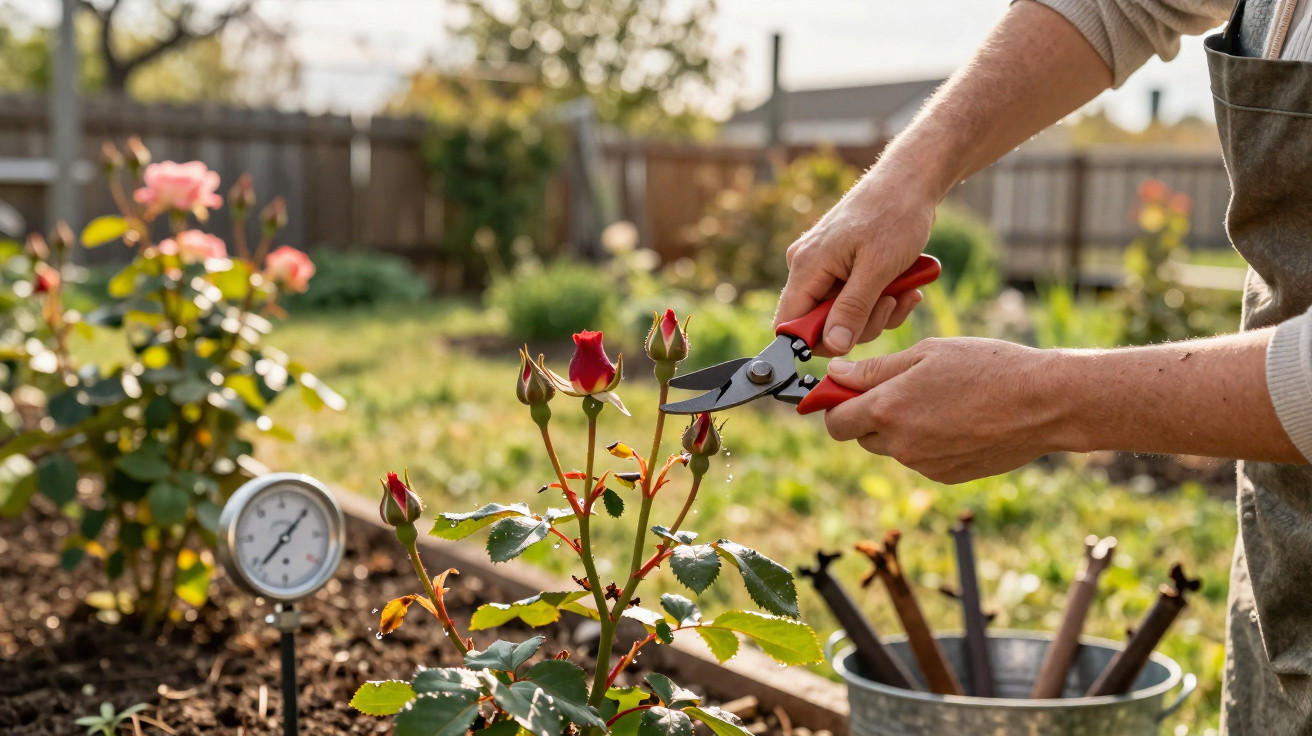 Pessoa a podar rosas vermelhas num jardim ao ar livre com ferramentas de jardinagem próximas.