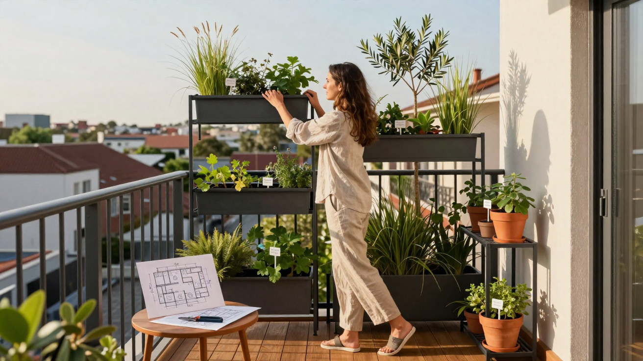 Mulher a cuidar de plantas em varanda com móveis pretos e vista urbana ao fundo numa tarde ensolarada.
