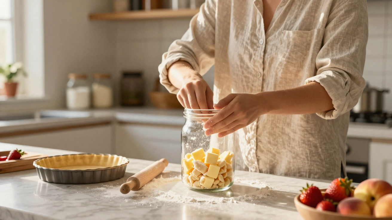 Pessoa a preparar ingredientes para cozinhar numa cozinha com bancada de mármore e frutas ao lado.