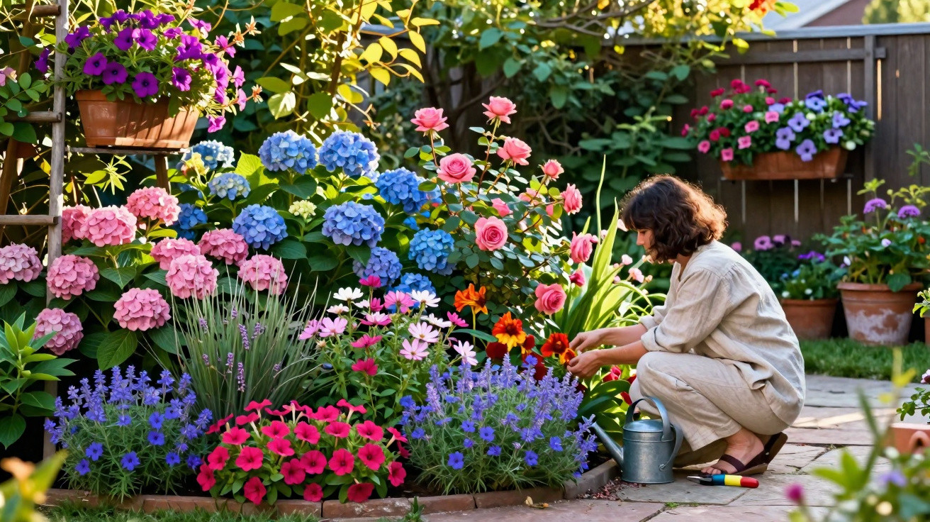 Mulher a cuidar de flores coloridas num jardim ensolarado com regador e ferramentas no chão.