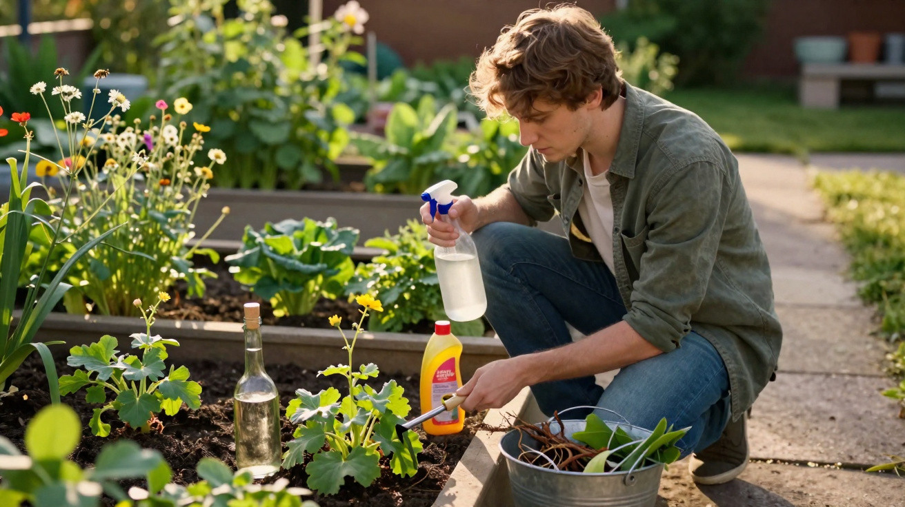 Homem rega plantas num jardim com regador de spray e produtos de jardinagem ao lado.
