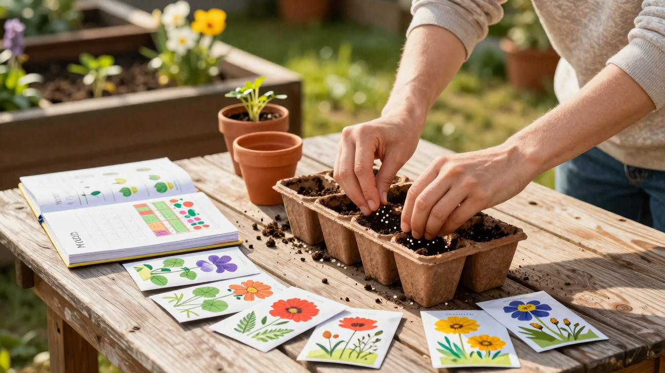 Mãos a plantar sementes em tabuleiro com terra, cartões de flores e caderno de jardinagem numa mesa ao ar livre.