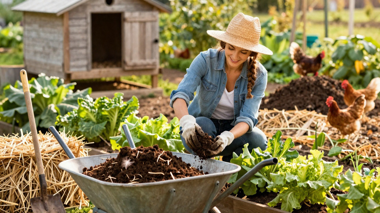 Mulher com chapéu a cultivar legumes numa horta, rodeada de galinhas e cabana de madeira ao fundo.