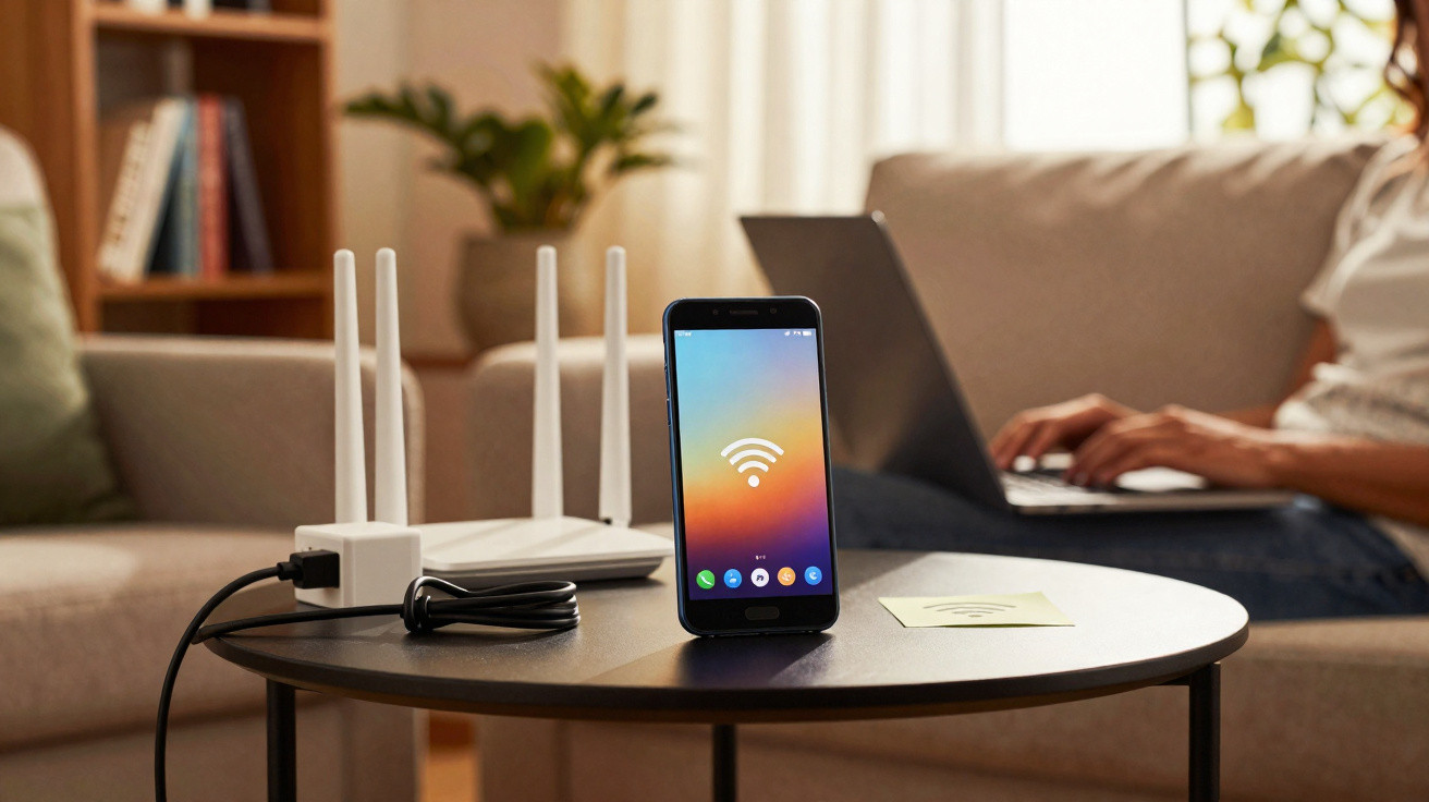 Smartphone com símbolo de Wi-Fi numa mesa redonda, próximo a router, e pessoa a usar portátil ao fundo.