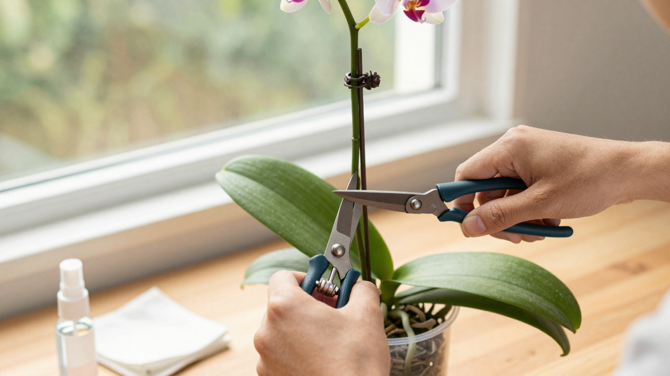 Pessoa a podar uma orquídea branca com tesoura junto a uma janela iluminada.