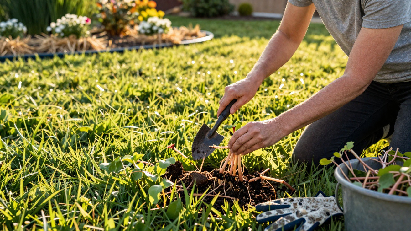Pessoa a plantar sementes com ferramenta de jardinagem no relvado de um jardim ensolarado.