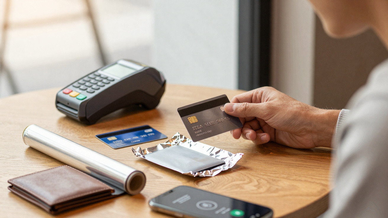 Pessoa a pagar com cartão contactless numa mesa com terminal, telemóvel, carteira e objetos pessoais.