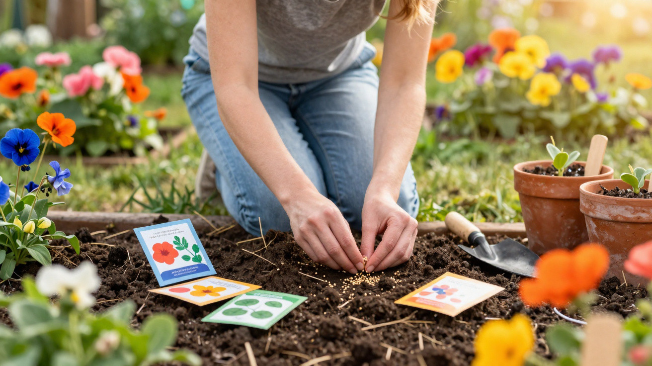 Pessoa a semear sementes num canteiro com flores coloridas e ferramentas de jardinagem ao lado.