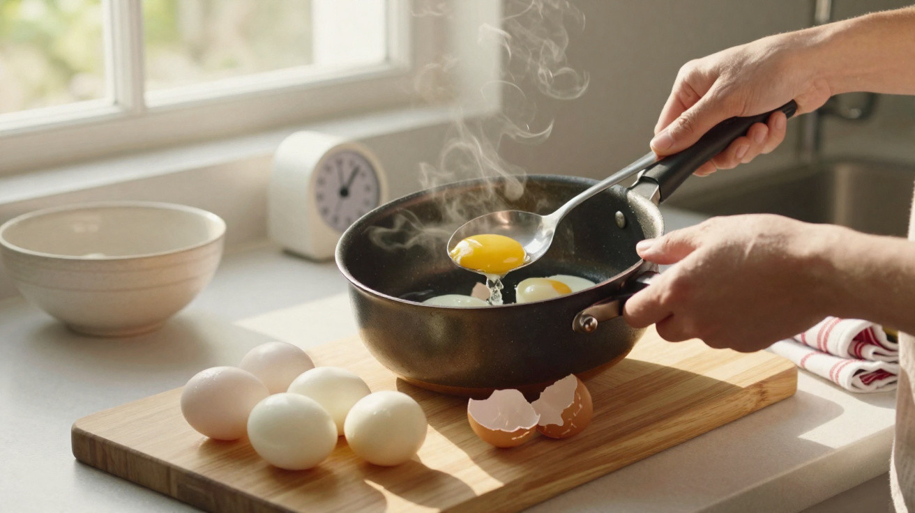 Mãos a cozinhar ovos estrelados numa frigideira quente sobre tábua com ovos crus e casca partidos.