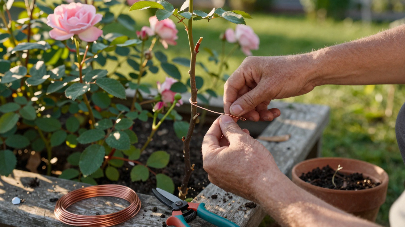 Pessoa a prender fio de cobre numa rama de roseira com flores rosas num jardim.