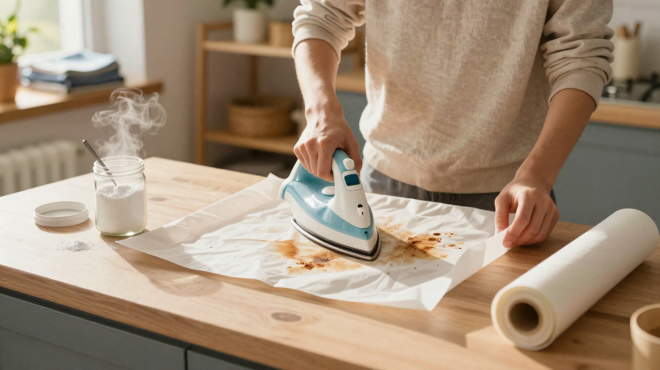 Pessoa a passar ferro com vapor em papel para limpar nódoas numa mesa de madeira.
