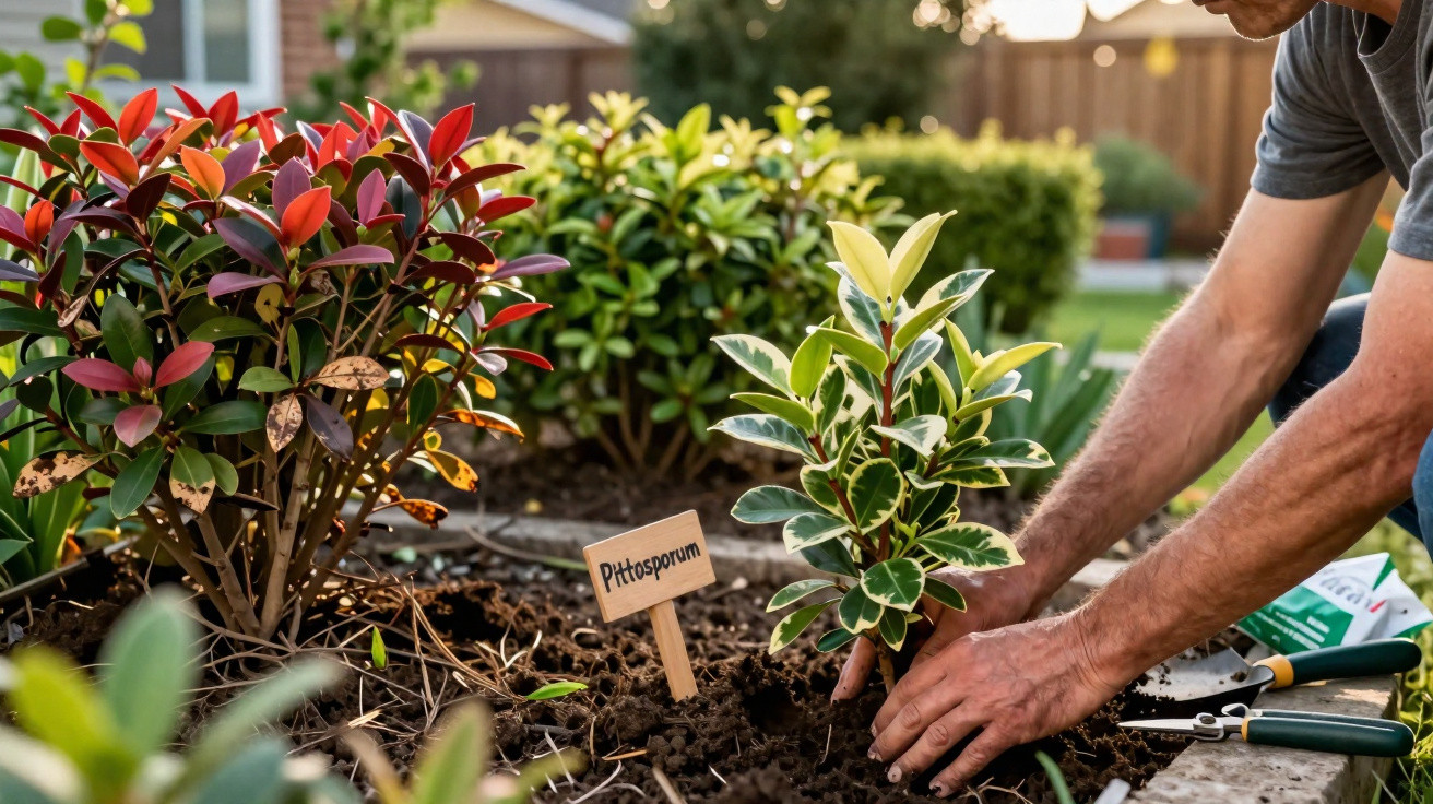 Pessoa a plantar uma muda de Pittosporum num jardim ensolarado, com várias plantas ao redor.
