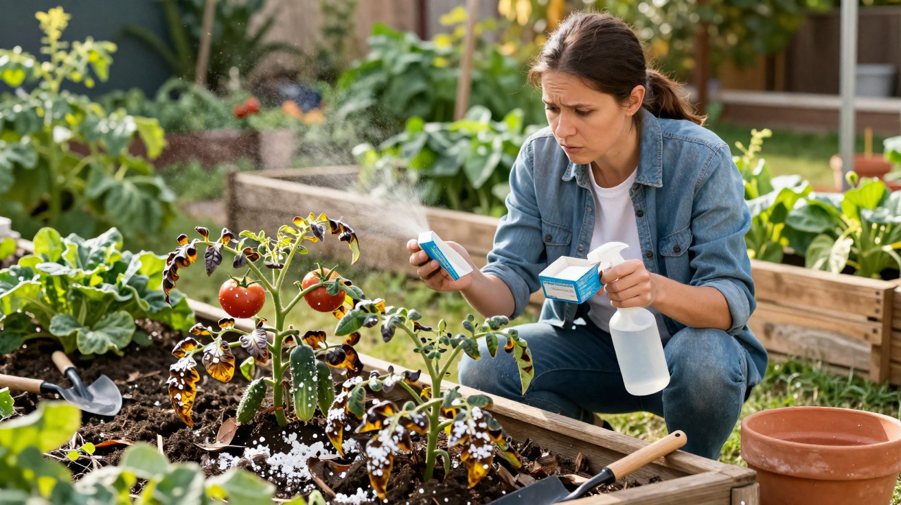 Mulher a aplicar pesticida em plantas de tomate com folhas secas num jardim elevado.