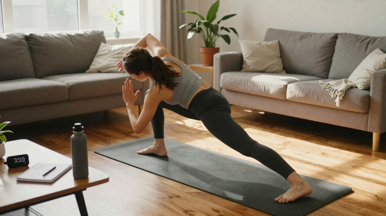 Mulher a fazer exercício de alongamento numa sala de estar com tapete de yoga e plantas.