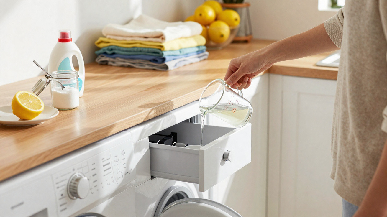Pessoa a verter detergente líquido numa máquina de lavar roupa branca numa cozinha iluminada.