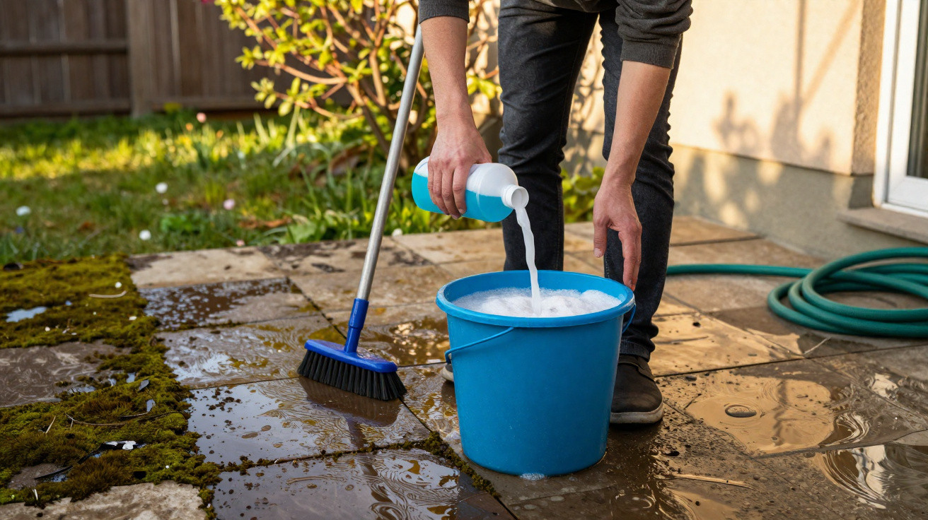 Pessoa a verter líquido num balde azul com água e uma escova num terraço com chão molhado.