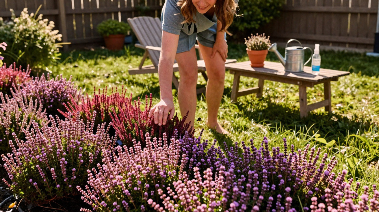 Mulher a cuidar de flores em tons de lilás, rosa e vinho num jardim soalheiro com relva verde.
