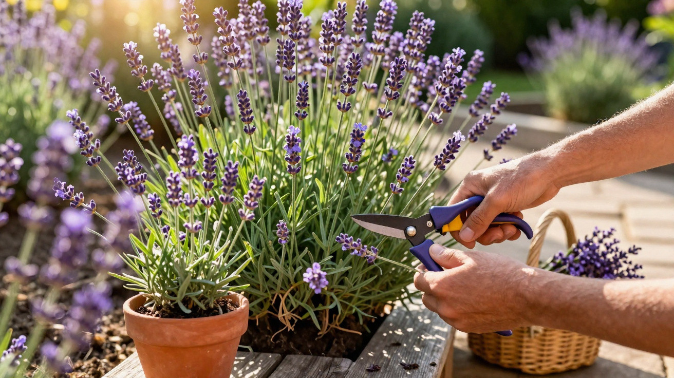 Pessoa a podar flores de lavanda em vaso de barro num jardim ensolarado.