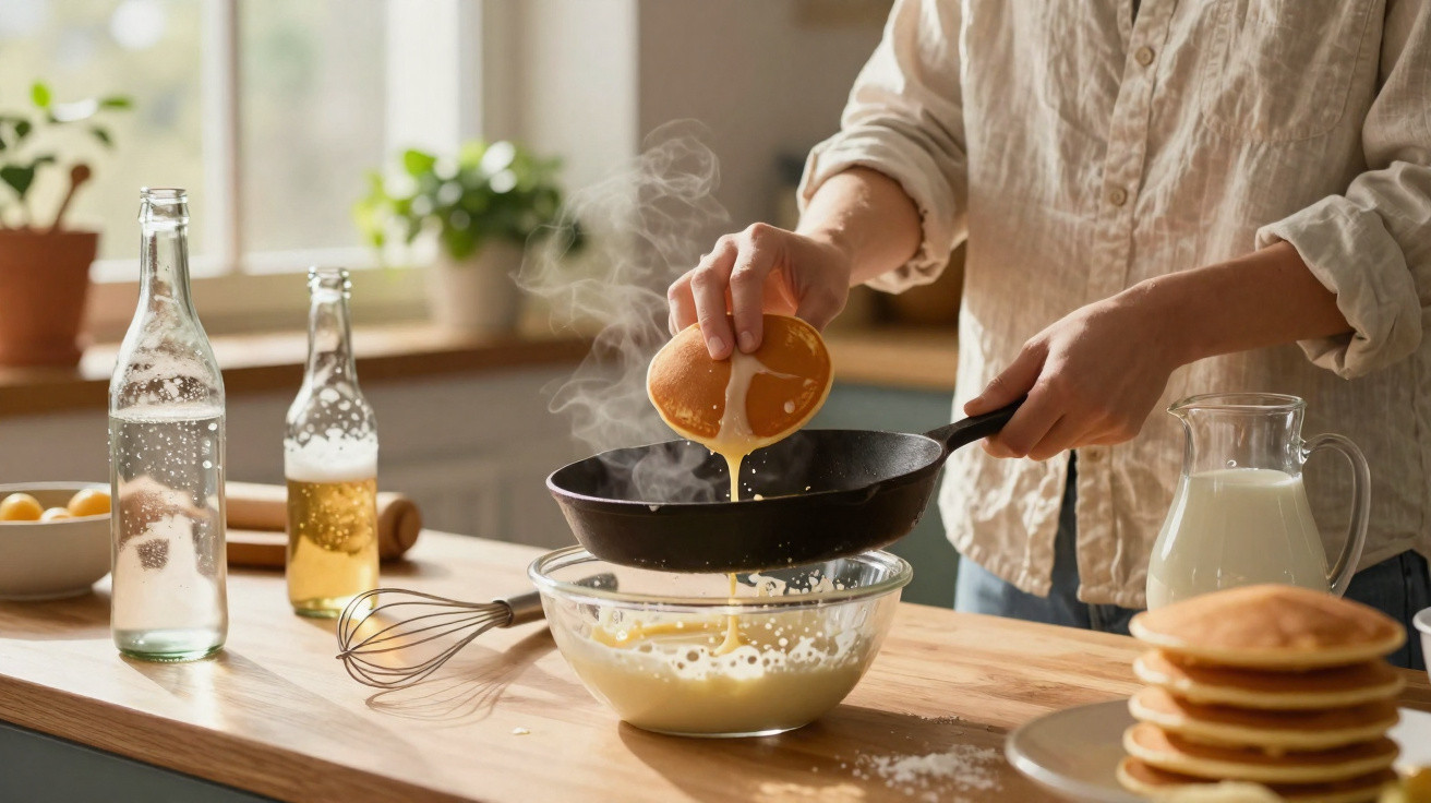Pessoa a retirar panqueca quente de frigideira para uma taça com massa na cozinha.