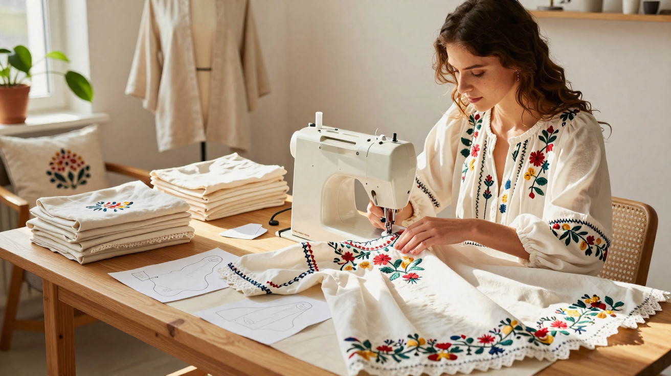 Mulher a costurar vestido branco com bordados florais coloridos numa máquina de costura numa sala iluminada.