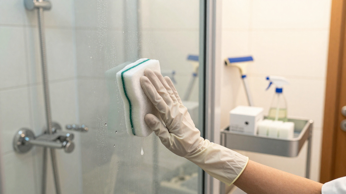 Mão com luva branca a limpar vidro do duche com esponja, utensílios de limpeza ao fundo.