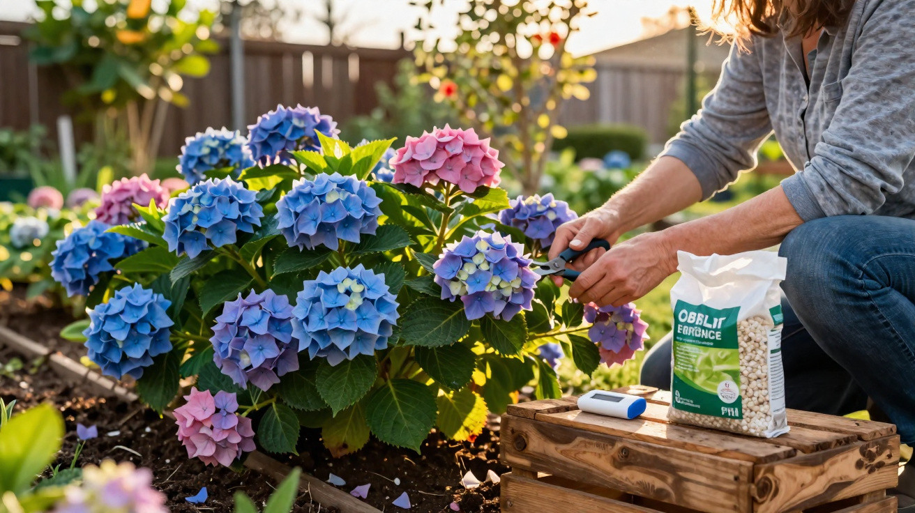 Pessoa a cuidar de flores azuis e rosas num jardim com tesoura e fertilizante branco.