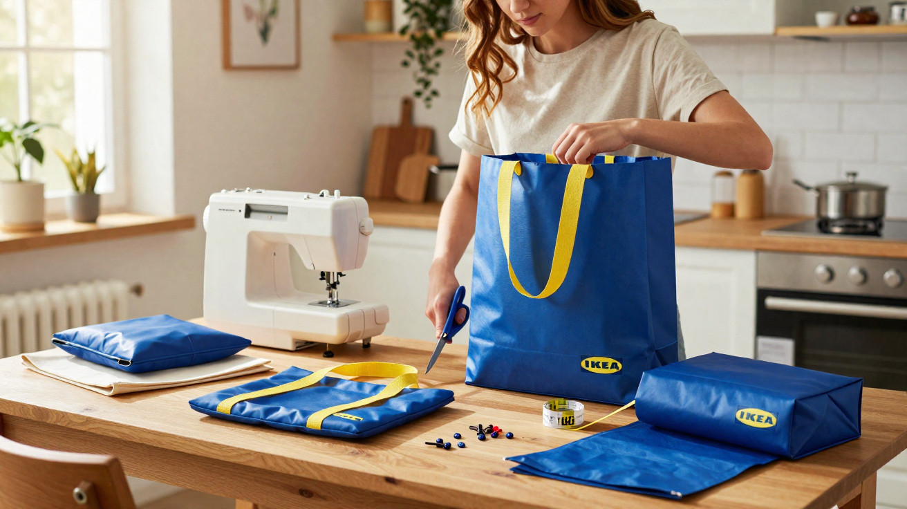 Mulher a cortar saco reutilizável azul IKEA numa cozinha com máquina de costura e materiais.