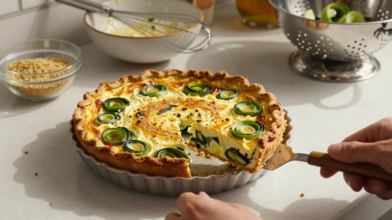 Mão a servir uma tarte salgada com rolos de courgette e recheio cremoso, numa cozinha bem iluminada.