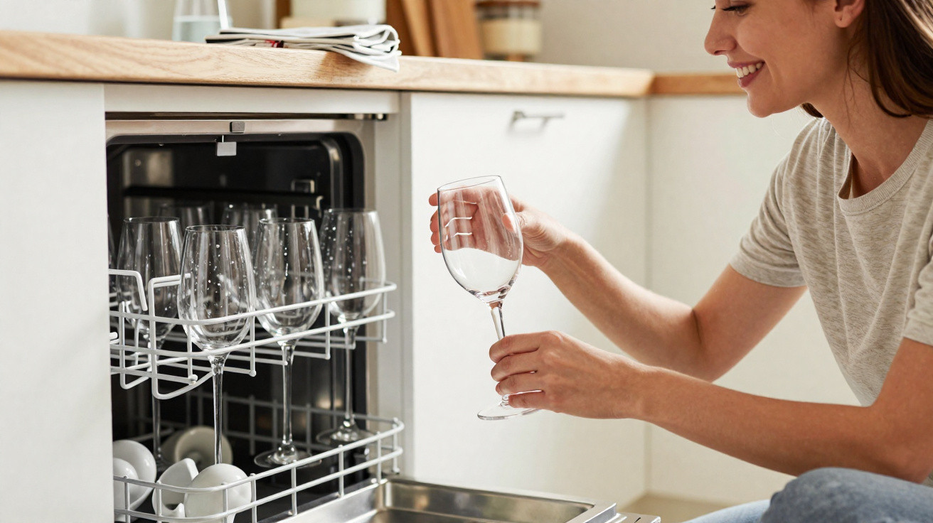 Mulher a guardar copo de champanhe num lava-louças na cozinha moderna com bancada de madeira clara.