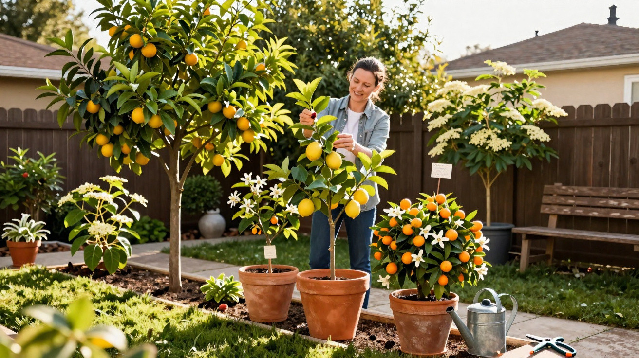 Mulher a cuidar de plantas cítricas em vasos num jardim com várias árvores de fruta e flores.