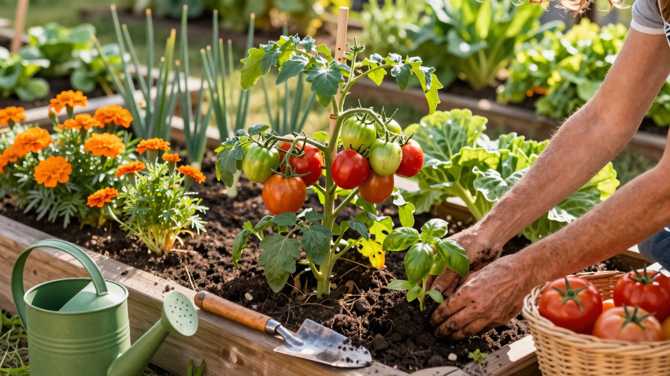Mãos a plantar uma muda em terreno com tomateiros, regador, enxada e flores num canteiro de jardim.
