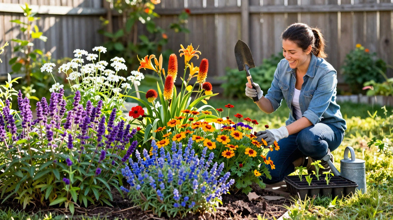 Mulher a sorrir a cuidar de flores coloridas num jardim com ferramentas de jardinagem na mão.