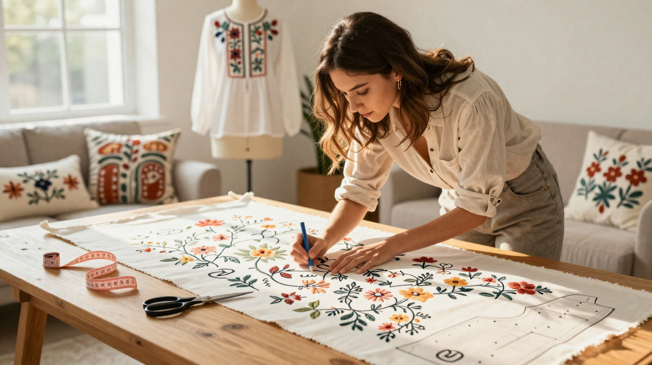 Mulher a desenhar flores coloridas com caneta azul em tecido branco sobre mesa de madeira.