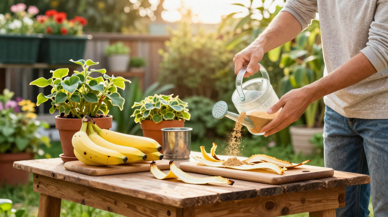 Pessoa a deitar açúcar nozes em cascas de banana sobre mesa de madeira no jardim com plantas em vasos.
