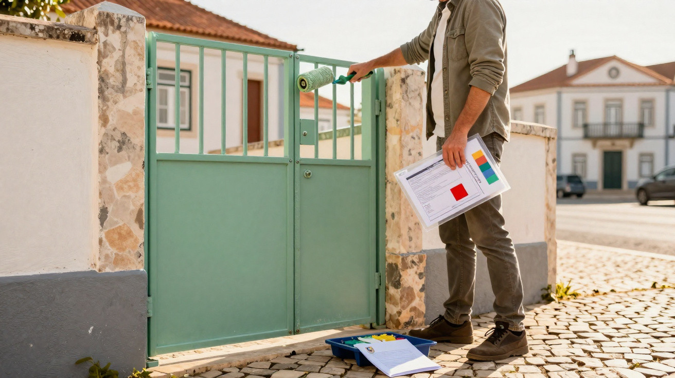 Homem a pintar um portão verde com um rolo, segurando documentos, numa rua com calçada em pedra.