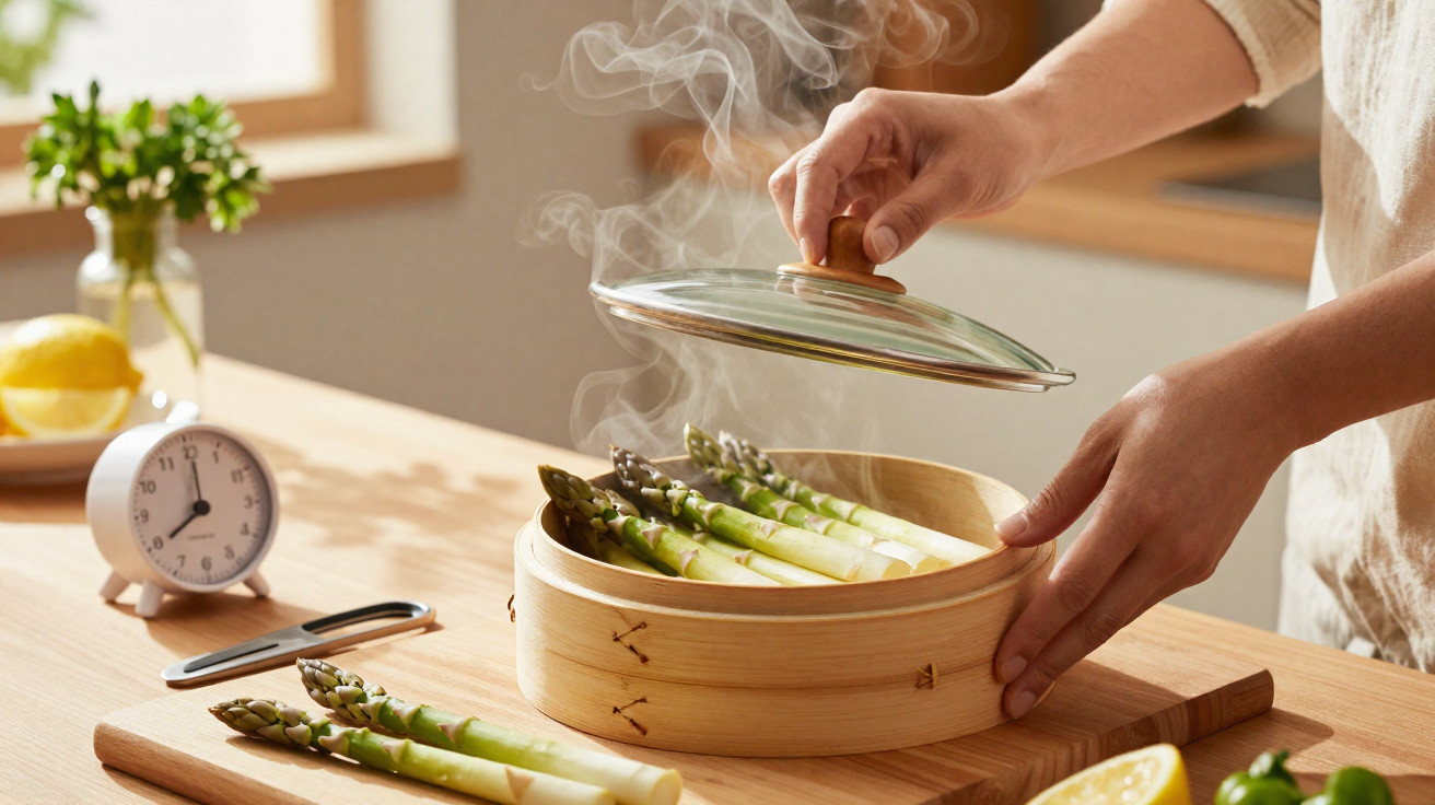 Pessoa a levantar tampa de recipiente de bambu com espargos a cozinhar a vapor numa cozinha iluminada.