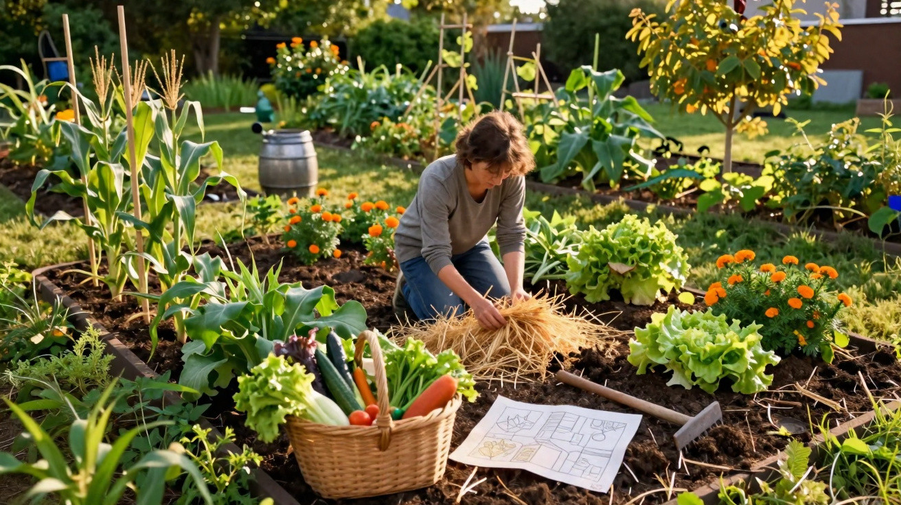 Pessoa a cuidar de uma horta com diversos legumes, flores e uma cesta de vegetais frescos ao lado.