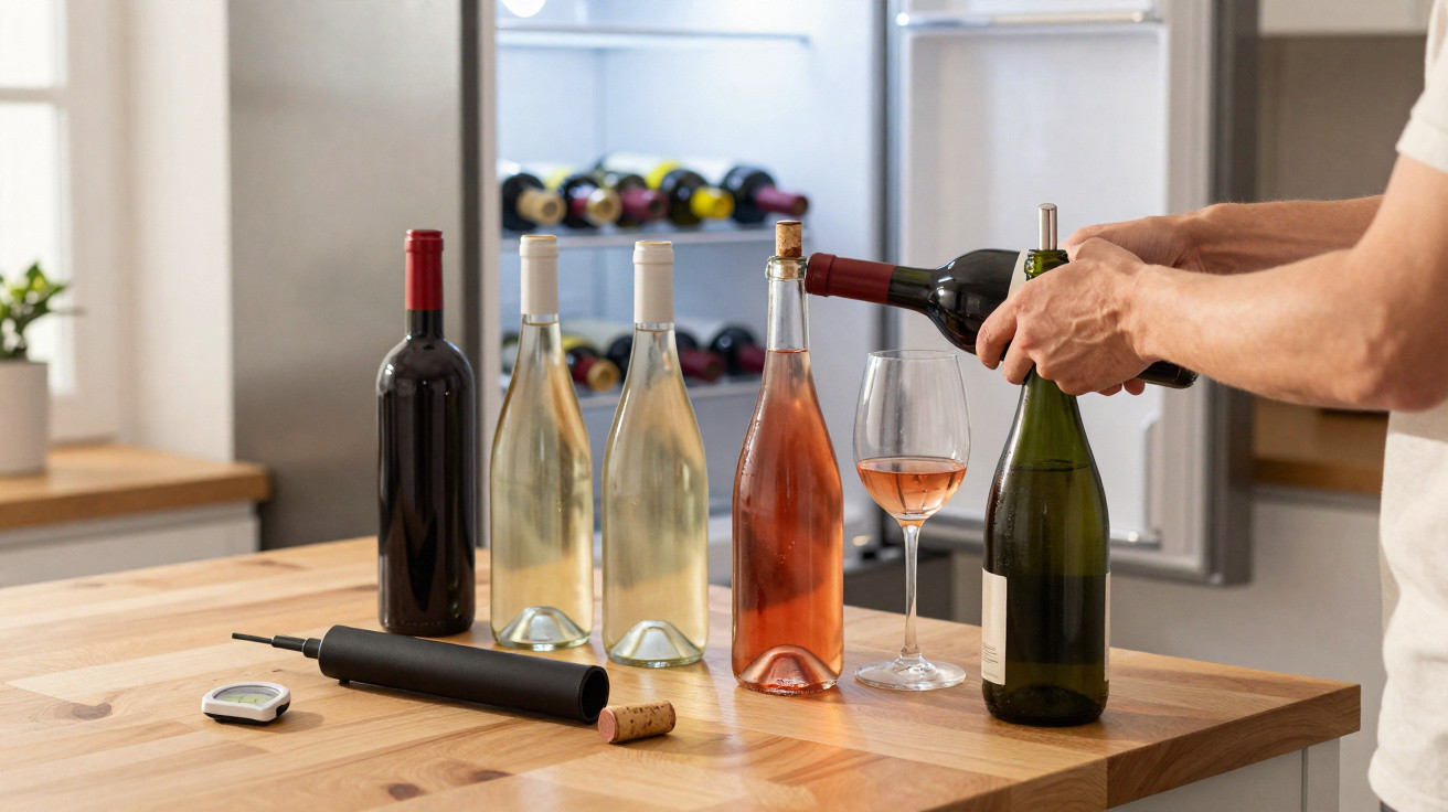 Pessoa a abrir garrafa de vinho numa cozinha com várias garrafas e um copo sobre uma mesa em madeira.