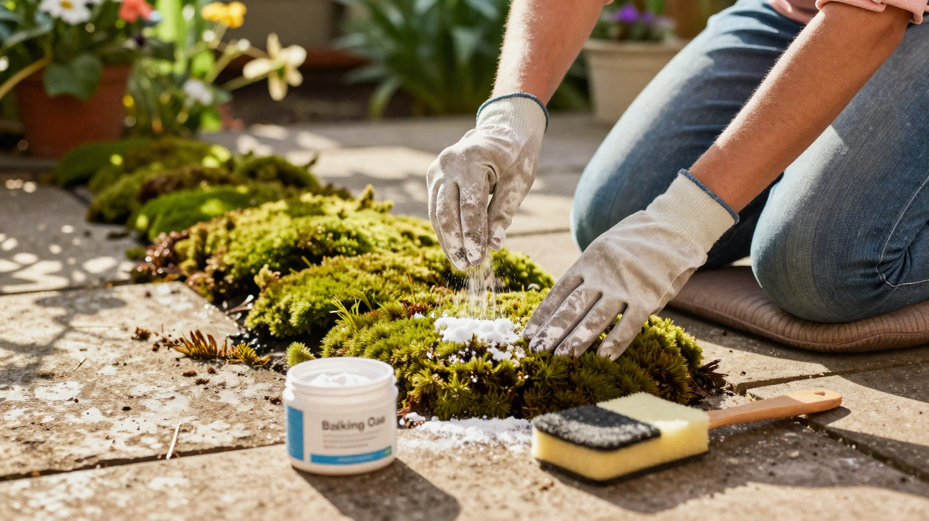 Pessoa aplicando bicarbonato de sódio em musgo num jardim com luvas de limpeza e acessórios ao lado.