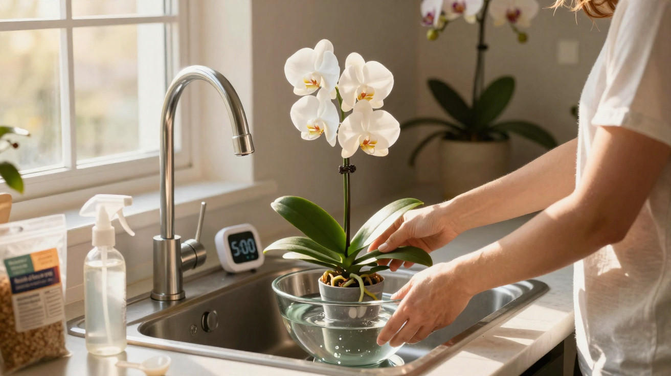 Pessoa a regar orquídea branca numa cozinha com luz natural pela janela.