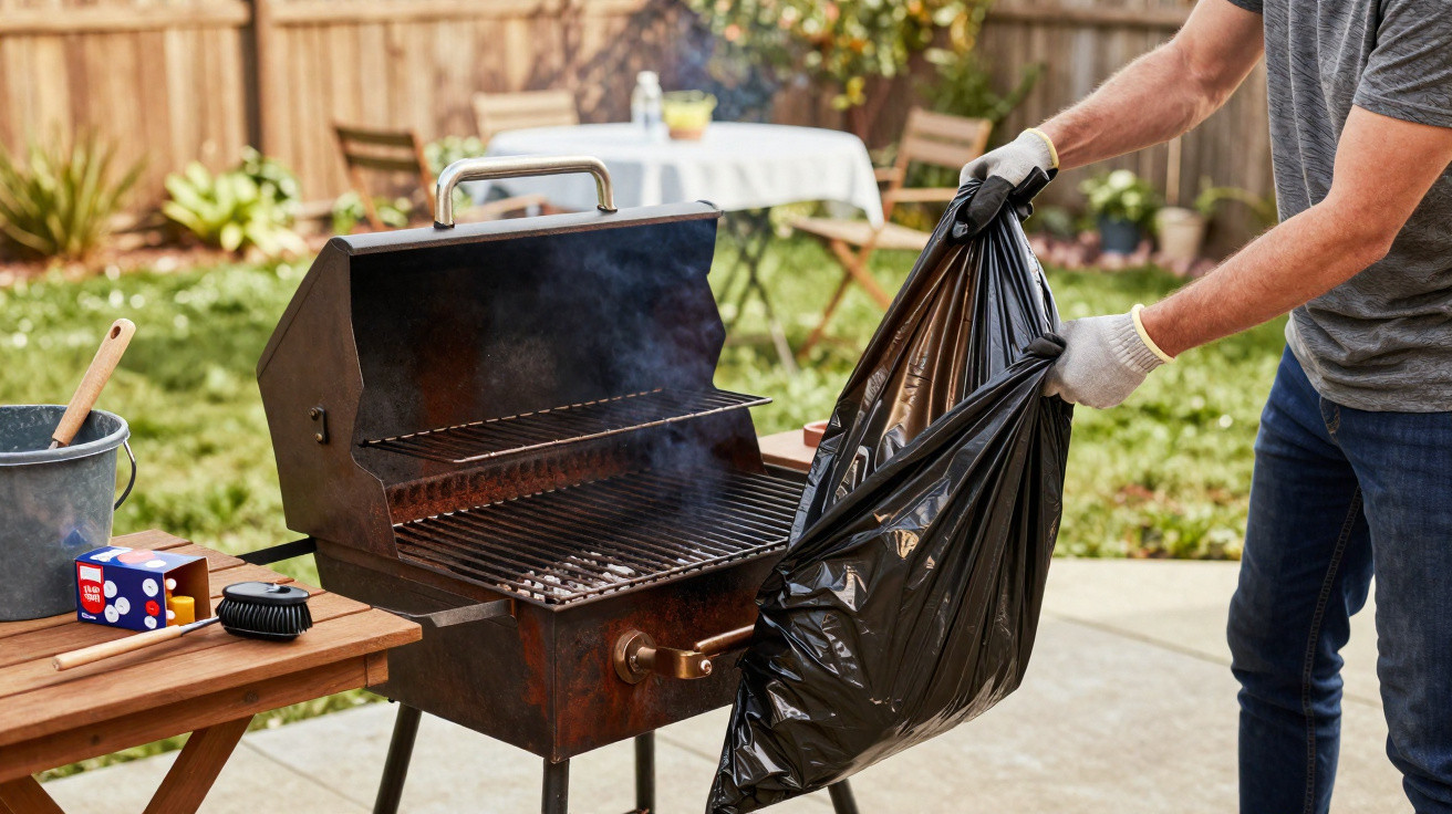 Pessoa a colocar saco de lixo preto num churrasco exterior com carvão aceso e utensílios num banco de madeira.