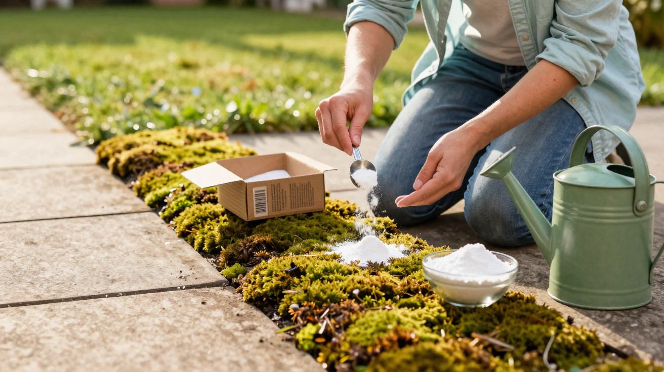 Pessoa a distribuir pó branco sobre musgo num jardim, com regador verde e caixa de papel ao lado.