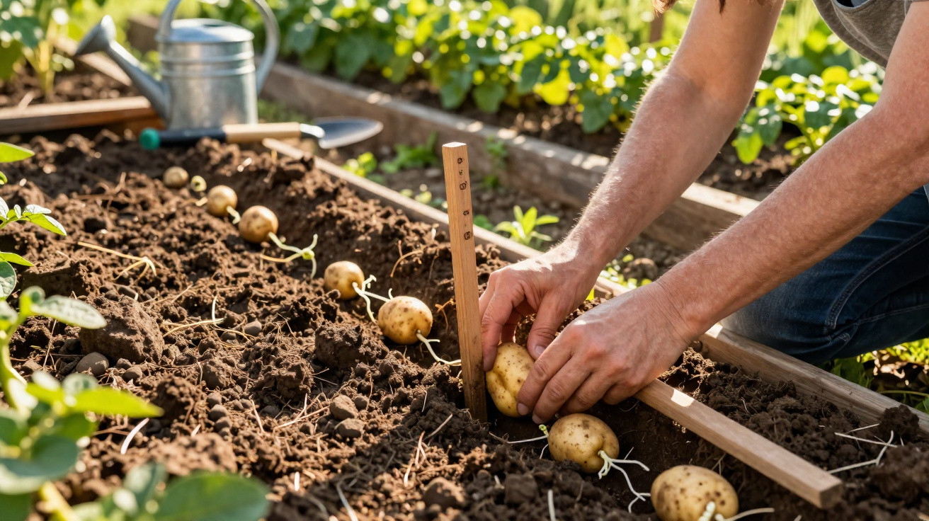 Mãos a plantar batatas germinadas em canteiro de terra solta num jardim ao ar livre.