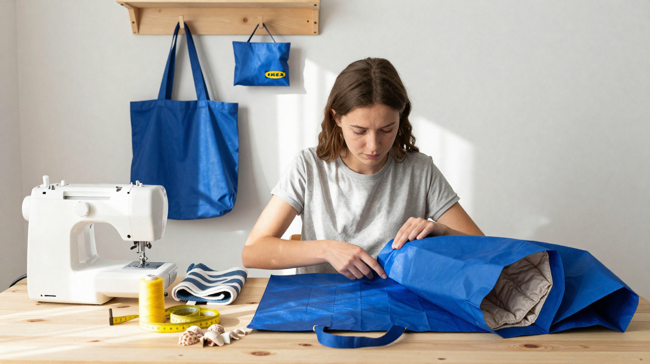 Mulher a costurar um saco azul em mesa com máquina de costura, fita métrica e tecidos.