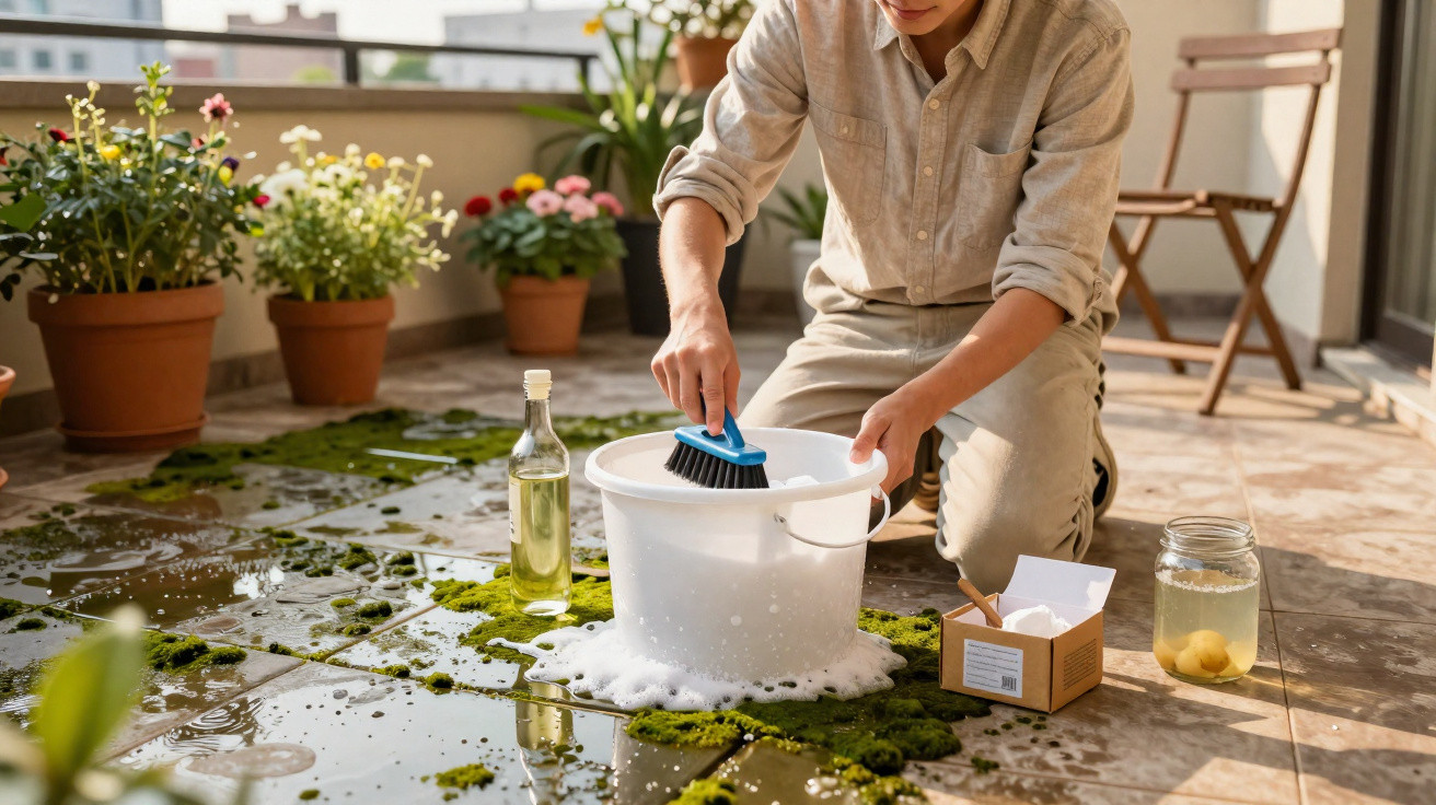 Pessoa com camisa bege limpa musgo no chão com escova e balde em varanda com plantas em vasos.