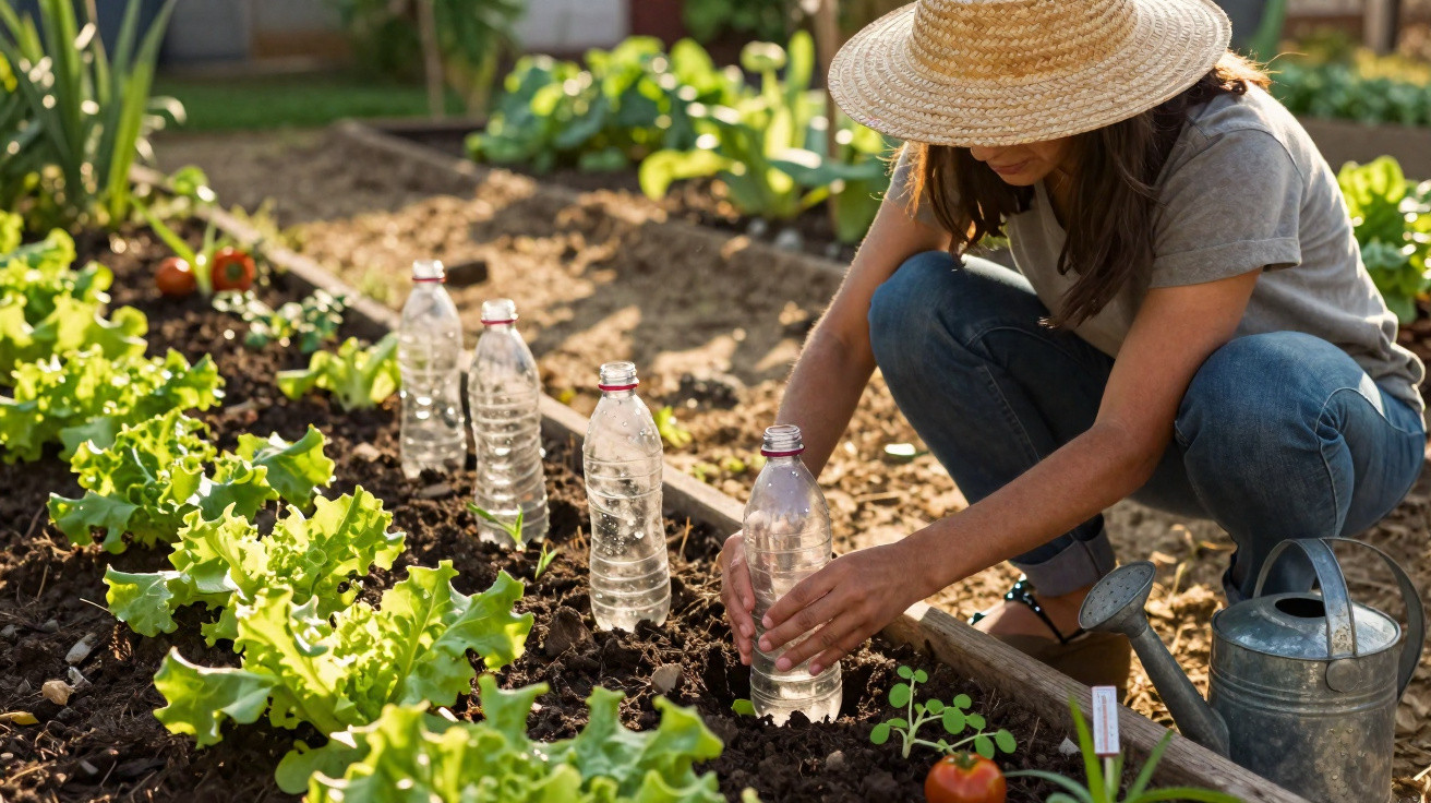 Pessoa a cultivar plantas num jardim, a usar garrafas de plástico como proteção para as plantas.