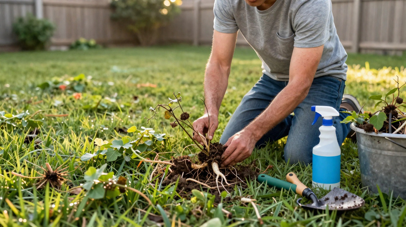 Pessoa a arrancar ervas daninhas num jardim com ferramentas e pulverizador ao lado.