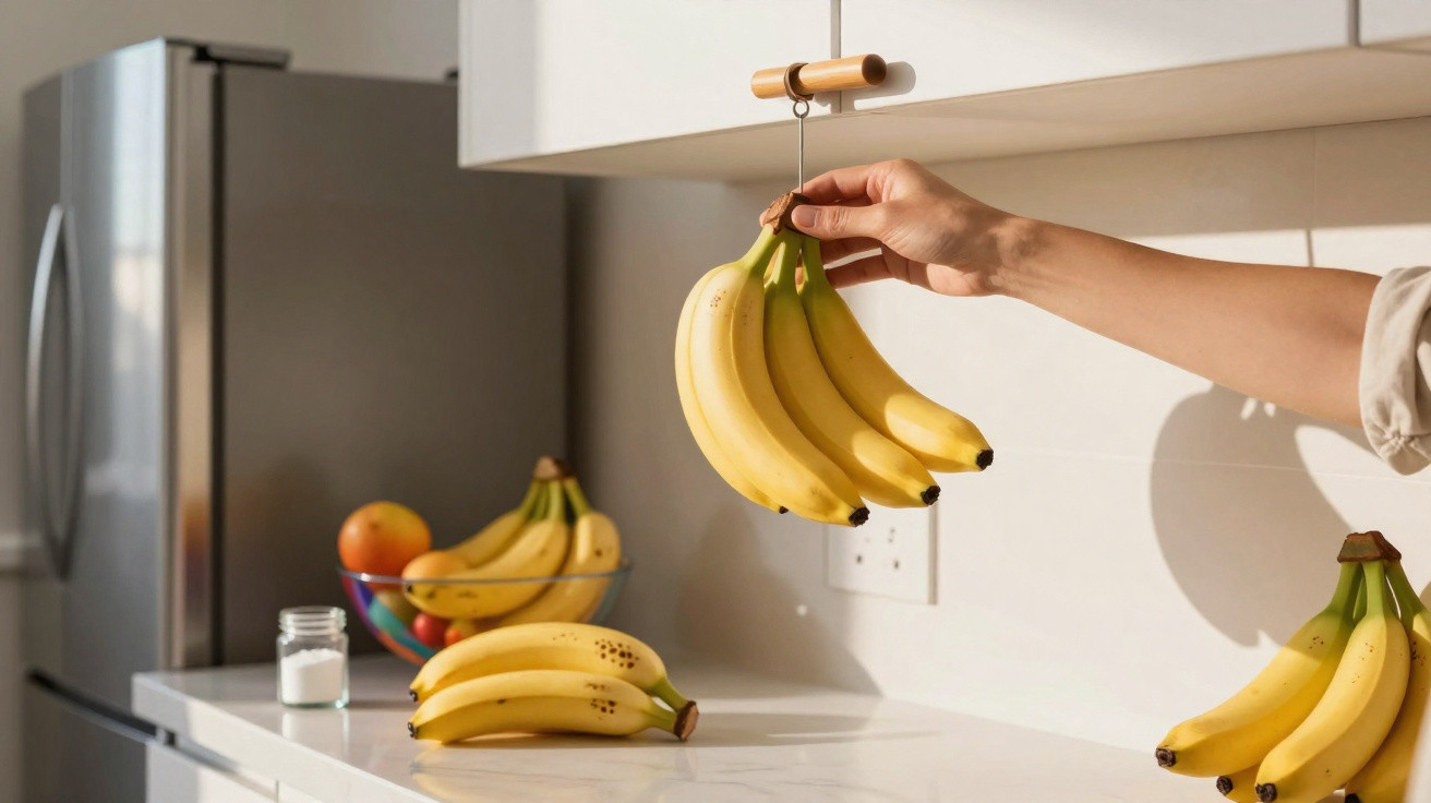 Mão a segurar cachos de bananas num gancho na cozinha com mais bananas e fruta na bancada.
