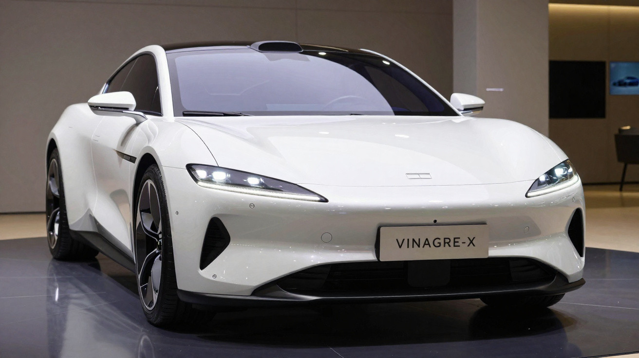 Automóvel elétrico desportivo branco Vinagre-X estacionado em ambiente interior moderno.